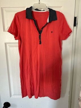 Tommy Hilfiger Coral Mini Polo Dress with Black Polka-Dot Trim